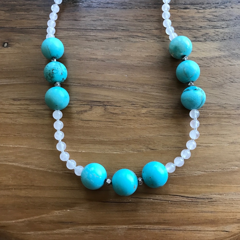 N clave Rose quartz, Turquoise Stone and Silver Bead Necklace